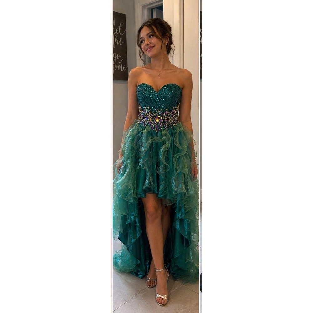 Emerald Green High Low Dress Sequin Crystal Embellished Ruffle Gown Strapless SM